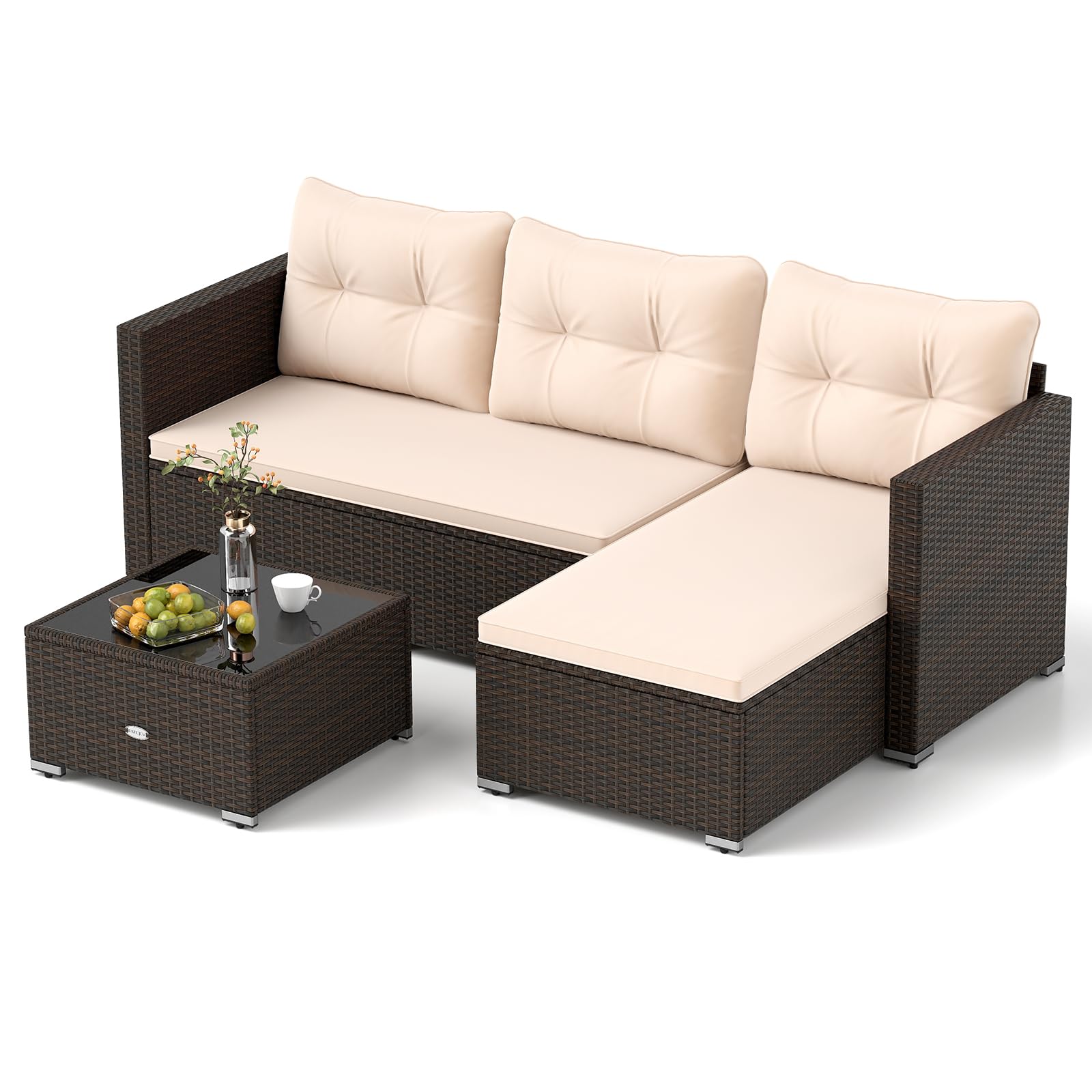 Ensemble de meubles de patio d'extérieur en forme de L Tangkula, avec coussins et table basse en verre trempé